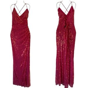 Lulu’s Sequin Fuscia Pink Open Corset Tie Back Formal Gown Maxi Dress